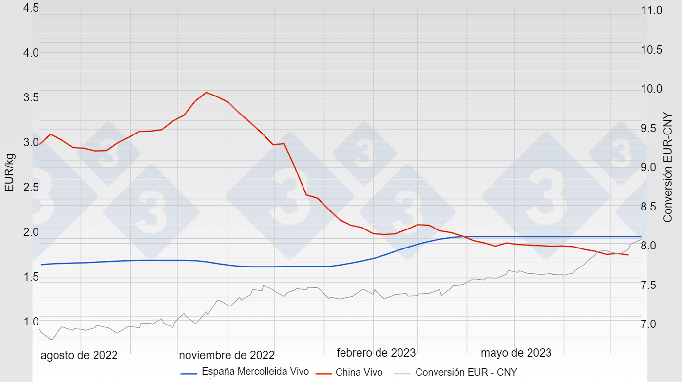 Evolución del precio del cerdo en España (Mercolleida) y China